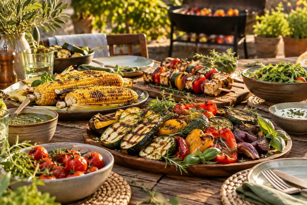 Table de barbecue composée de légumes de saison, de maïs et de brochettes.