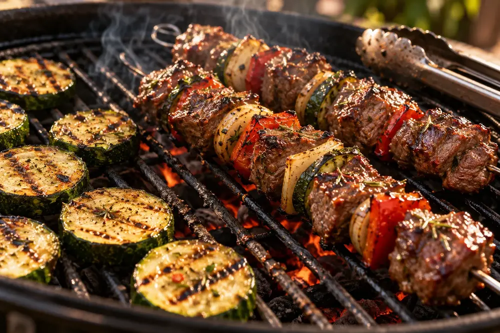 Brochettes de bœuf et rondelles de courgette grillées sur un barbecue.