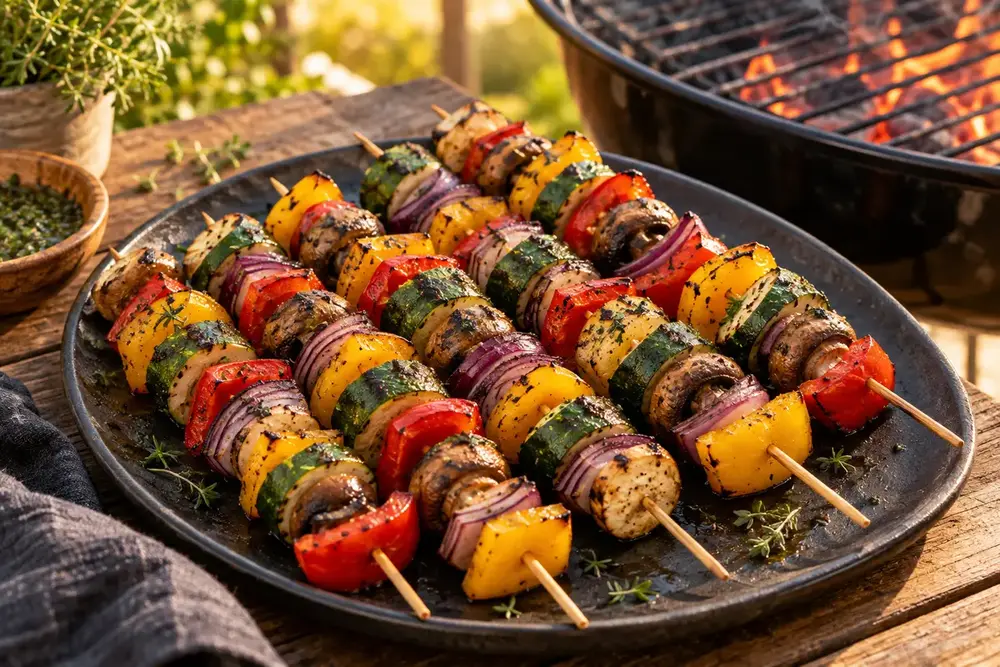 Brochettes de courgette, poivron, oignon rouge et champignons grillés.