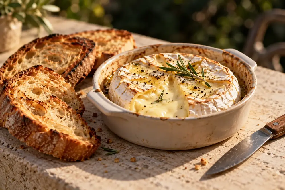 Camembert fondant au romarin accompagné de pain grillé.