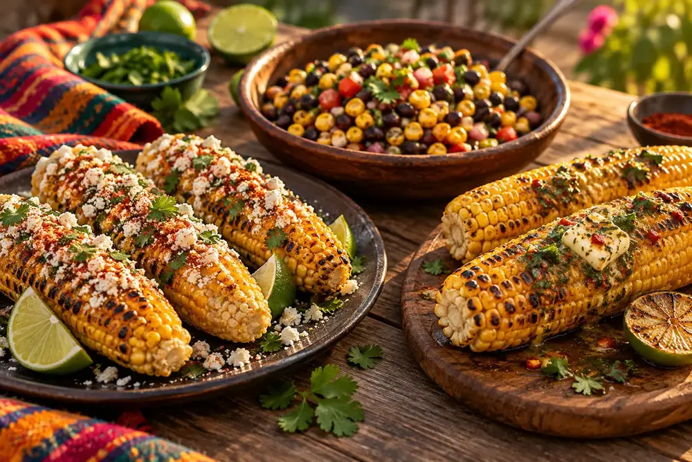 Trois préparations de maïs grillé au citron vert, aux épices et aux haricots noirs.