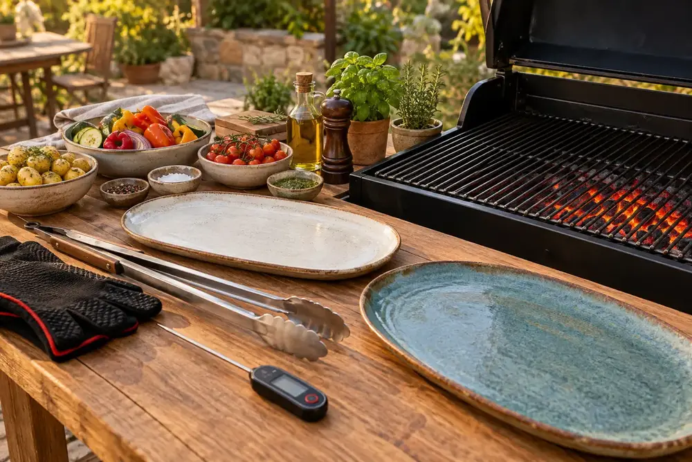 Poste de barbecue organisé avec pinces, thermomètre, plats propres et légumes.