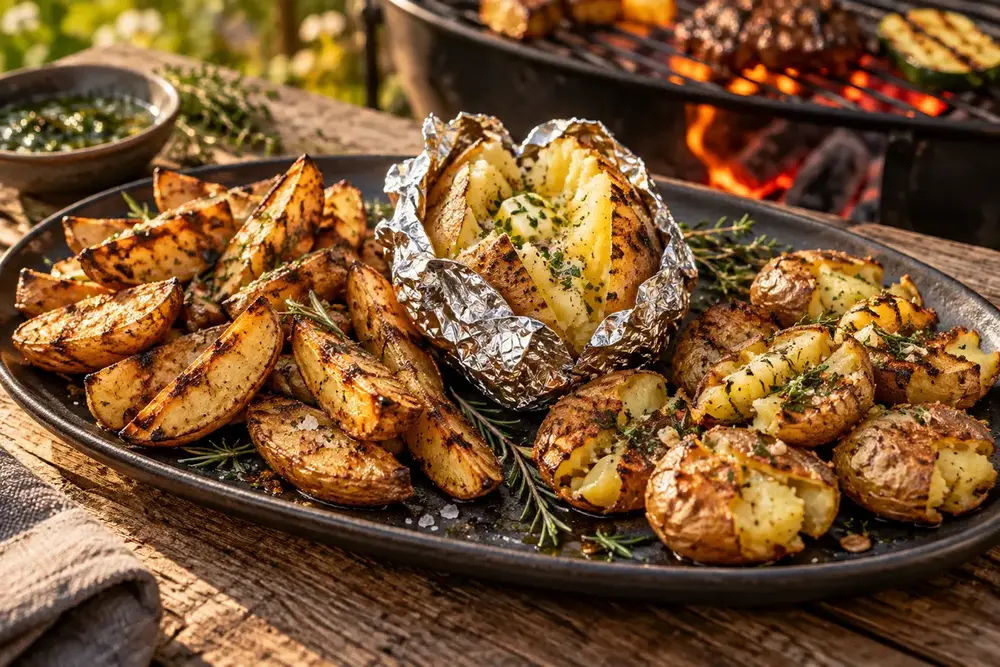 Pommes de terre au barbecue en quartiers, en papillote et légèrement écrasées.