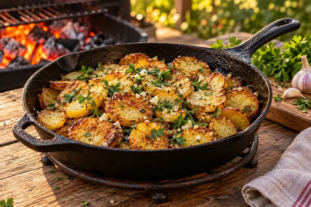 Pommes de terre dorées à la graisse de canard, à l’ail et au persil dans une poêle en fonte.
