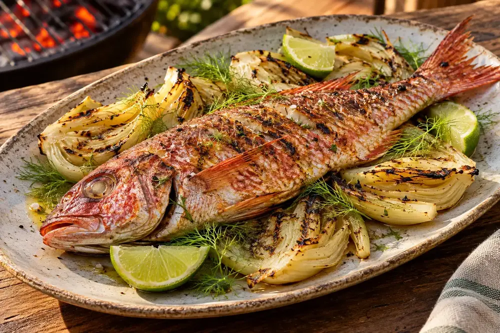 Rougets entiers grillés servis avec du fenouil et du citron vert.