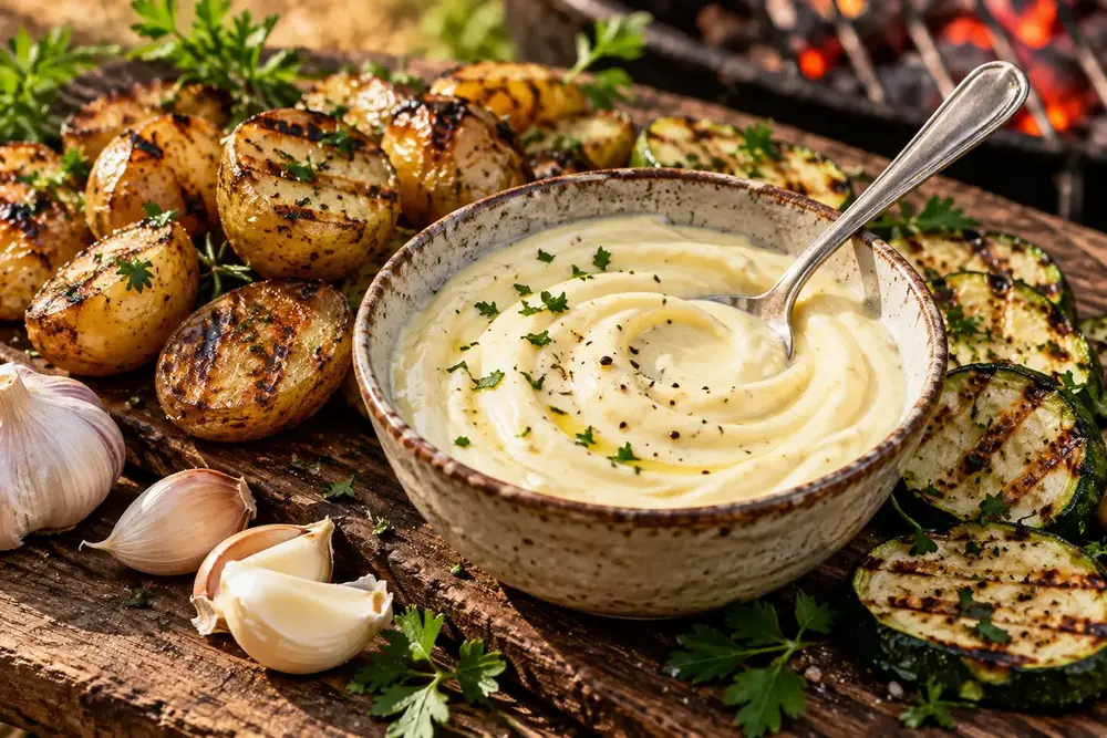 Bol d’aïoli à l’ail accompagné de pommes de terre et de courgettes grillées.
