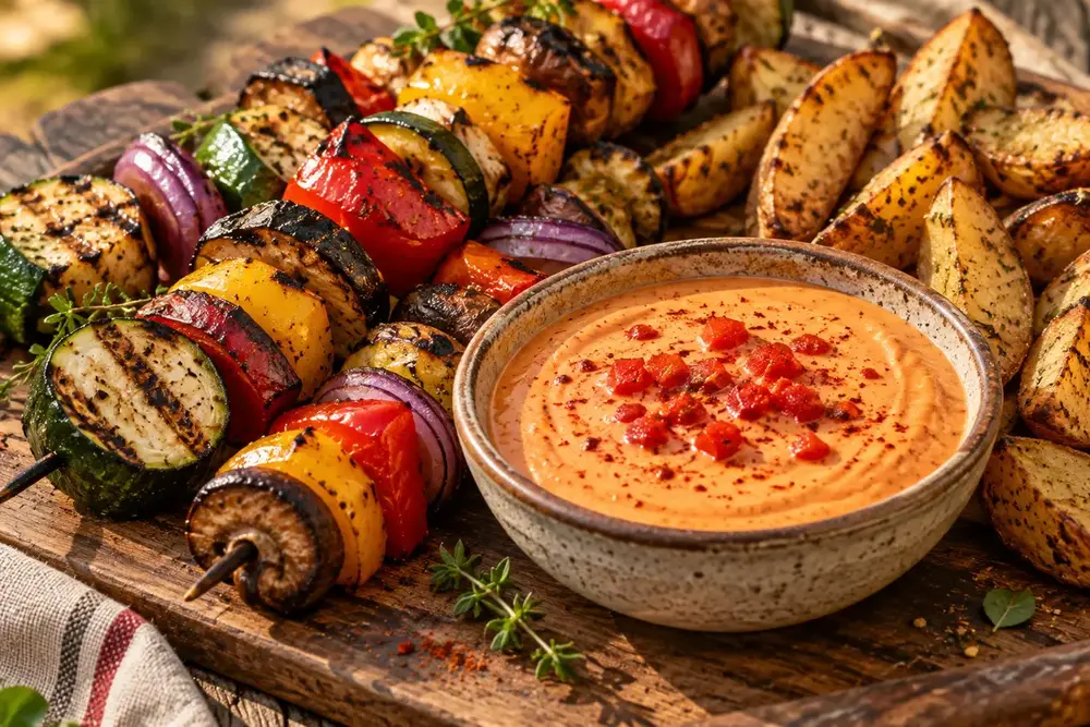 Sauce andalouse au poivron servie avec des légumes et des pommes de terre grillés.