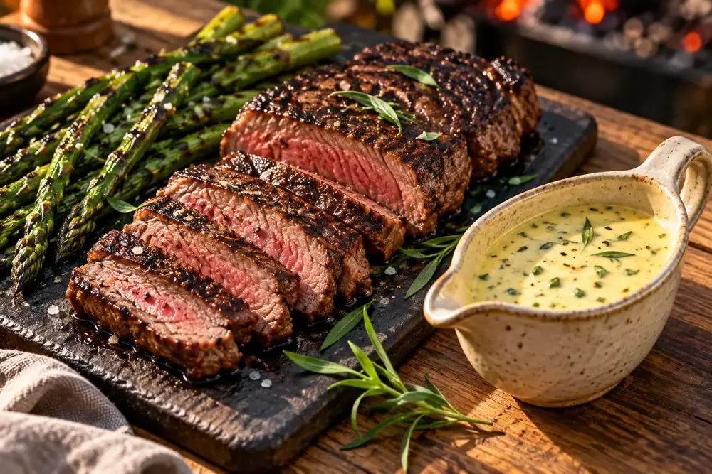 Sauce béarnaise à l’estragon servie avec une viande et des asperges grillées.