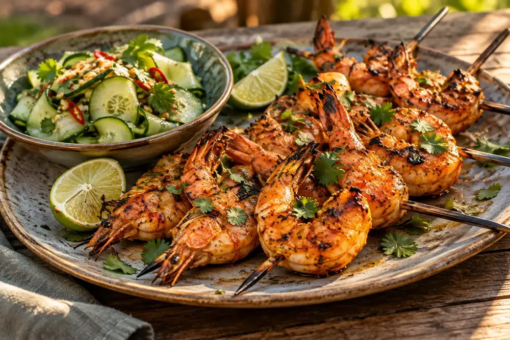 Scampis grillés au curry rouge, au citron vert et à la coriandre.