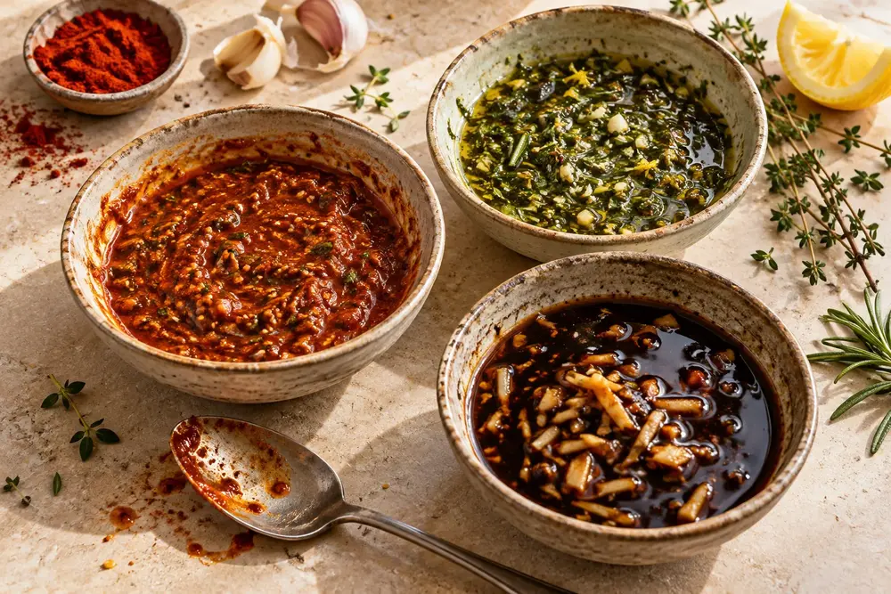 Trois bols de marinades au paprika, aux herbes et au gingembre.