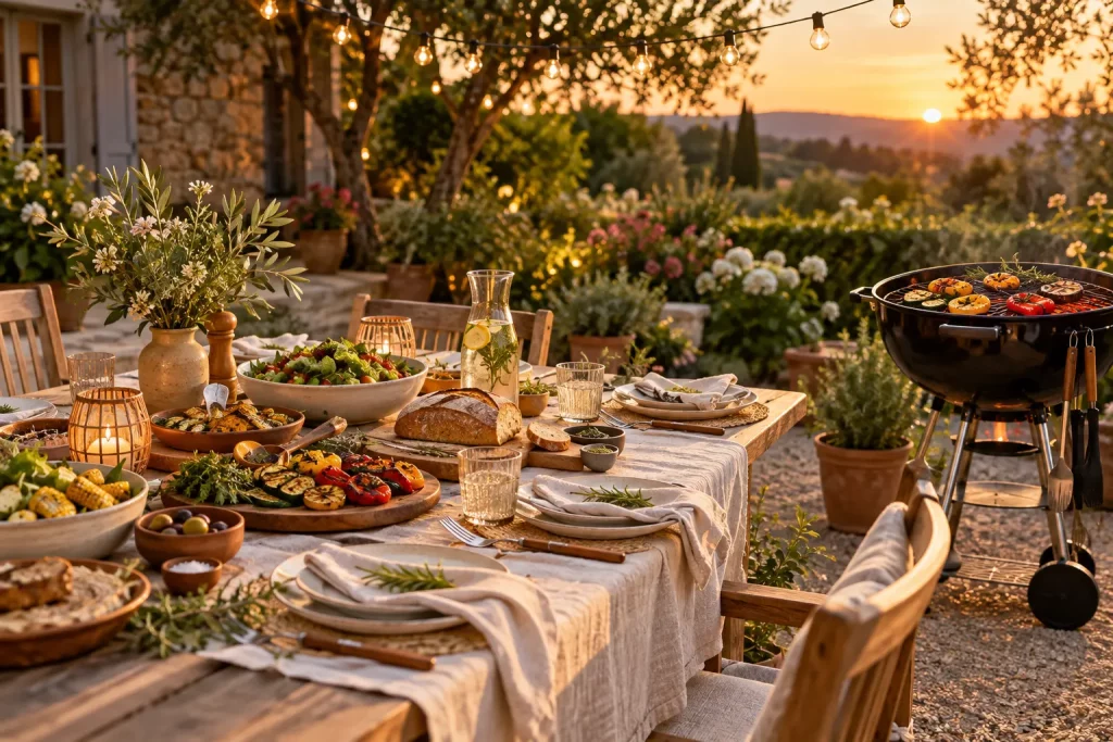 Table conviviale préparée dans un jardin pour une soirée barbecue.