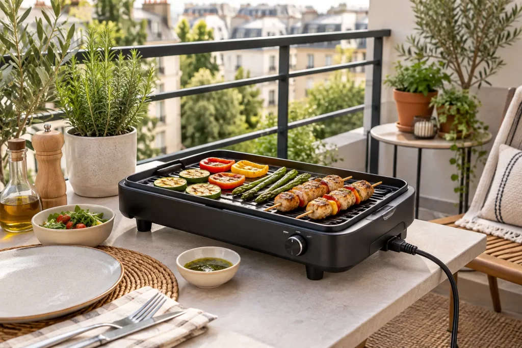Barbecue électrique compact utilisé sur un balcon pour griller des légumes et des brochettes.