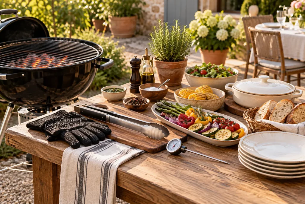 Table préparée avec les ustensiles et les accompagnements nécessaires pour une soirée barbecue.