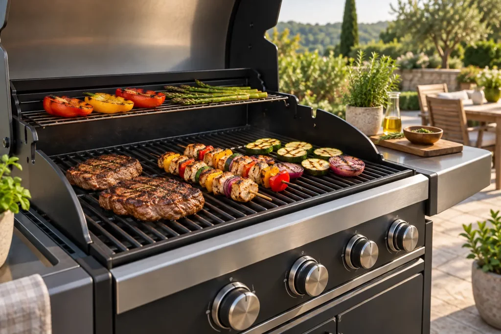 Barbecue à gaz ouvert avec plusieurs zones de cuisson pour les viandes et les légumes.
