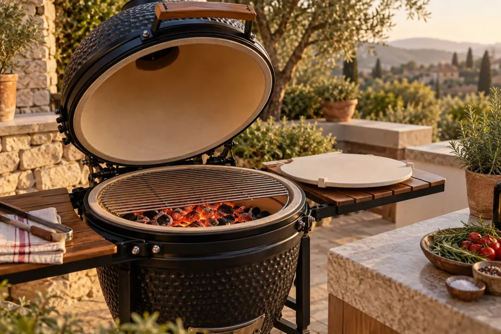 Barbecue kamado en céramique ouvert avec sa grille, ses braises et son déflecteur de chaleur.