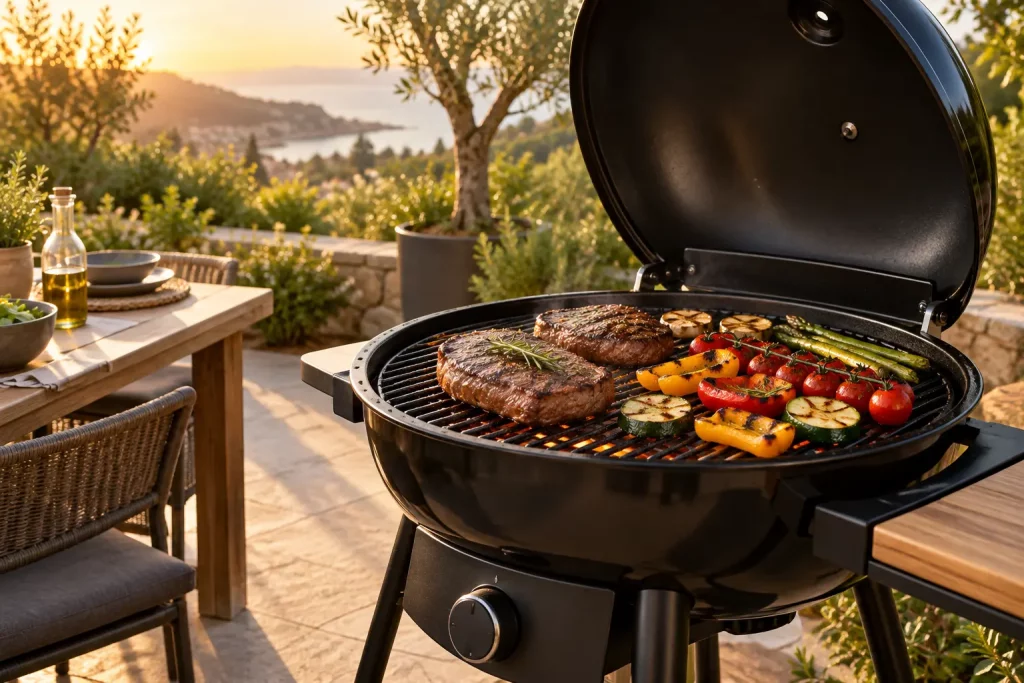 Barbecue sphérique à gaz ouvert avec des légumes et des pièces de viande sur la grille.