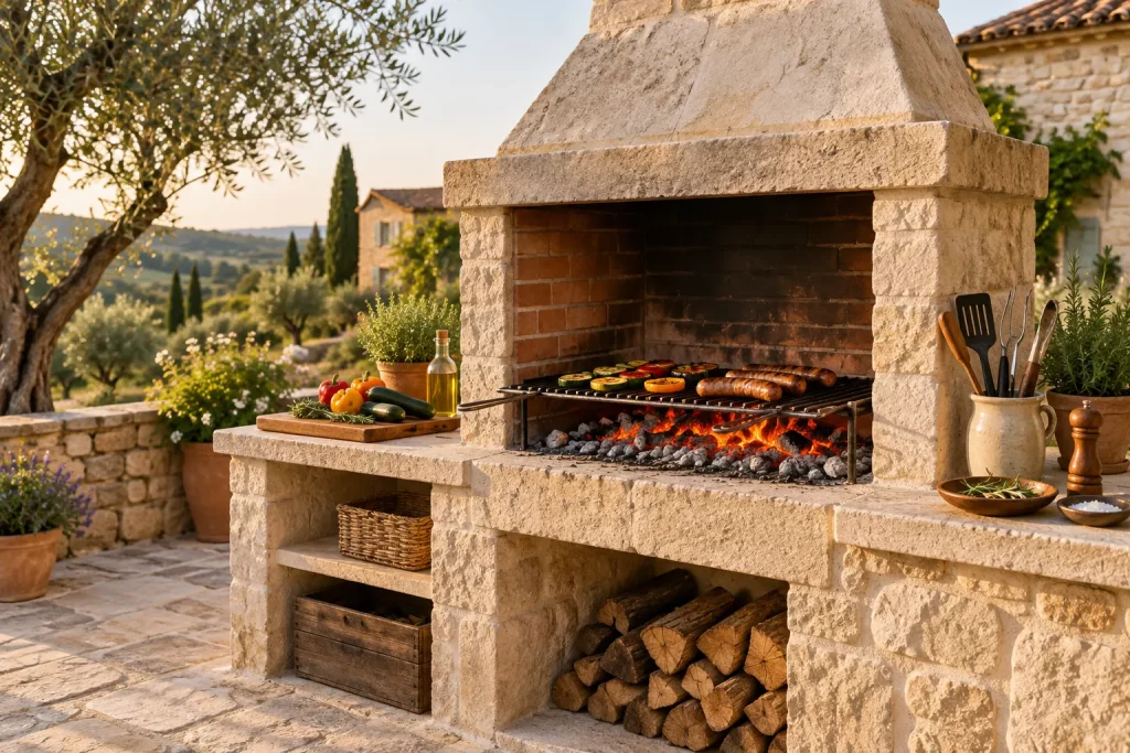 Barbecue fixe en pierre naturelle avec une grille placée au-dessus des braises.