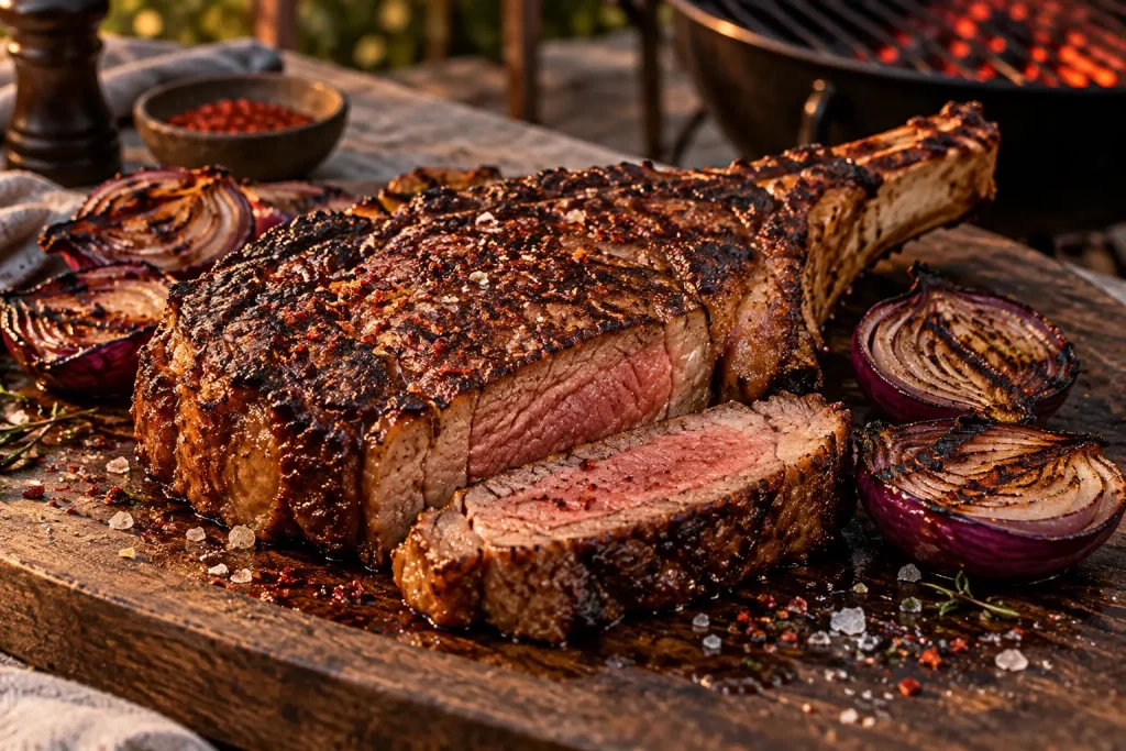 Côte de bœuf grillée servie avec des oignons rouges et du piment d’Espelette.