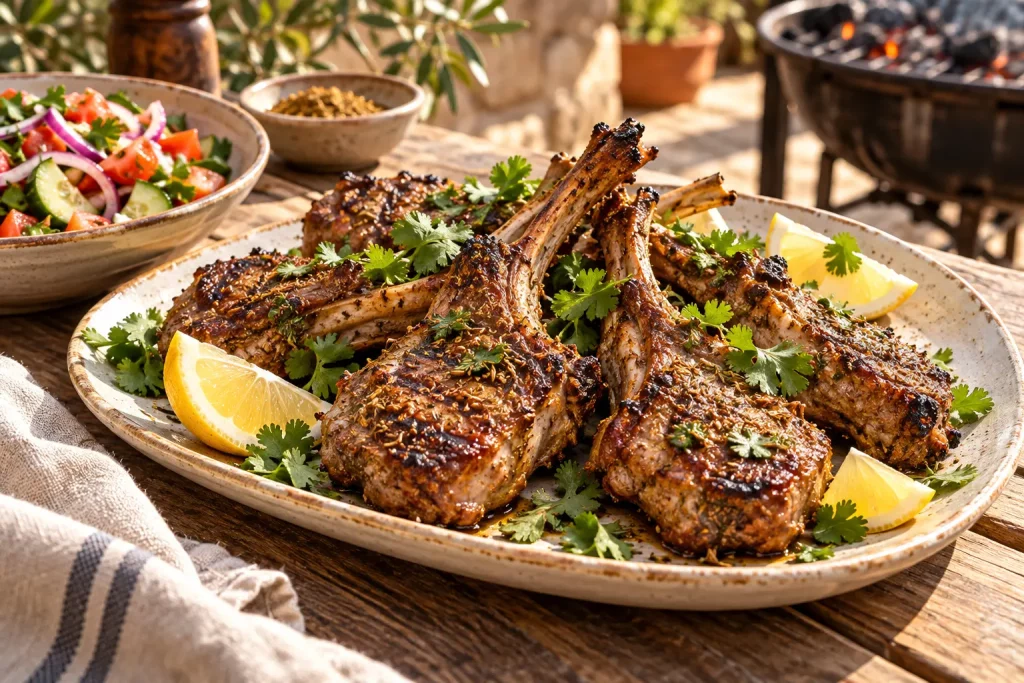 Côtelettes d’agneau grillées au cumin, servies avec de la coriandre et du citron.
