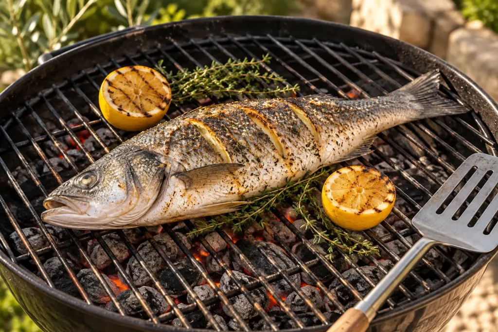 Bar entier grillé au barbecue avec du citron et du thym.