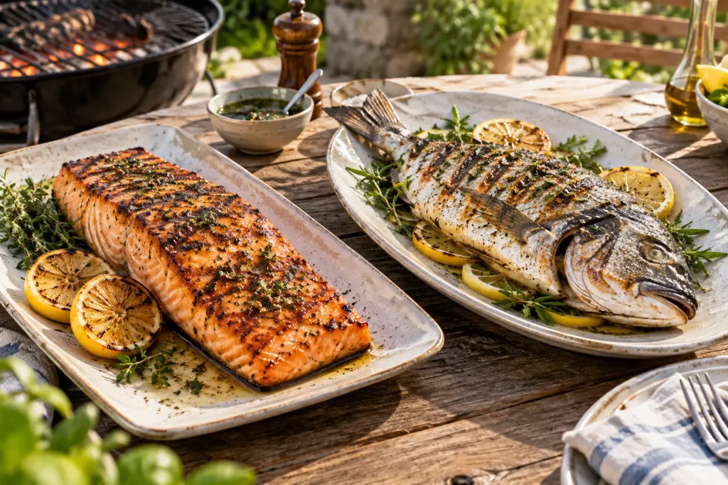 Saumon et dorade grillés au barbecue, servis avec du citron et des herbes.