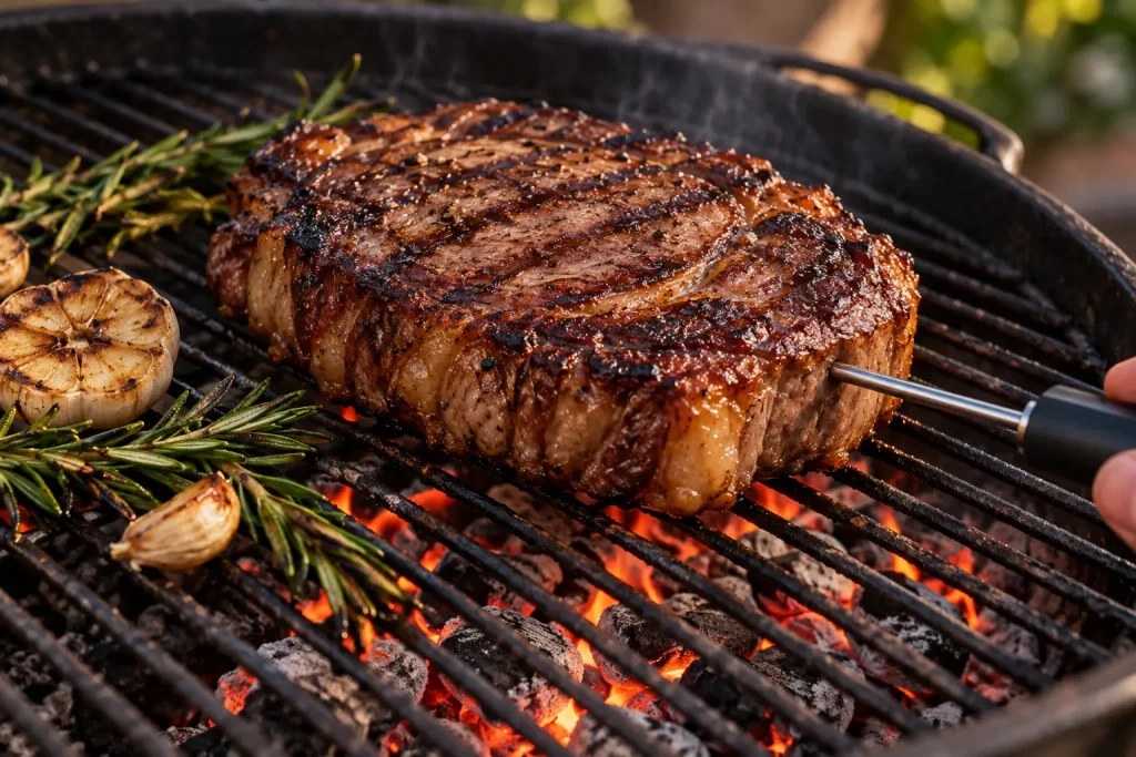 Entrecôte épaisse grillée au barbecue et contrôlée avec un thermomètre de cuisson.
