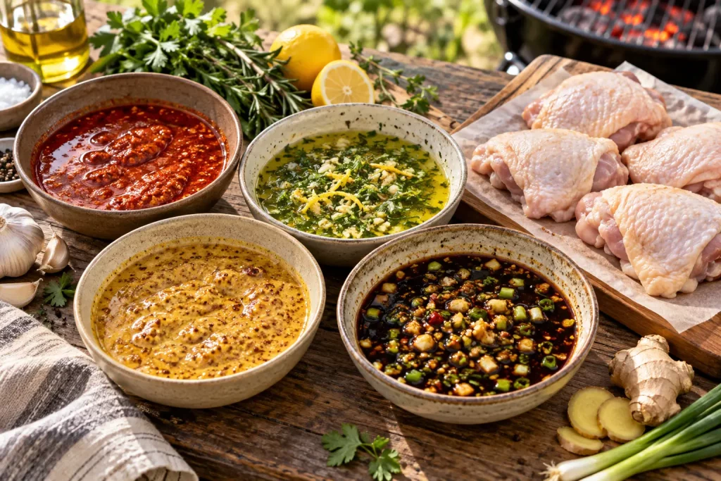 Quatre bols de marinades au paprika, aux herbes, à la moutarde et au gingembre pour des cuisses de poulet.
