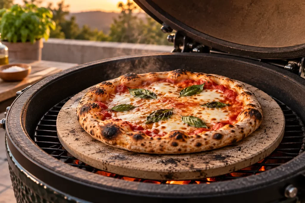 Pizza à la tomate, mozzarella et basilic cuite sur une pierre dans un kamado.