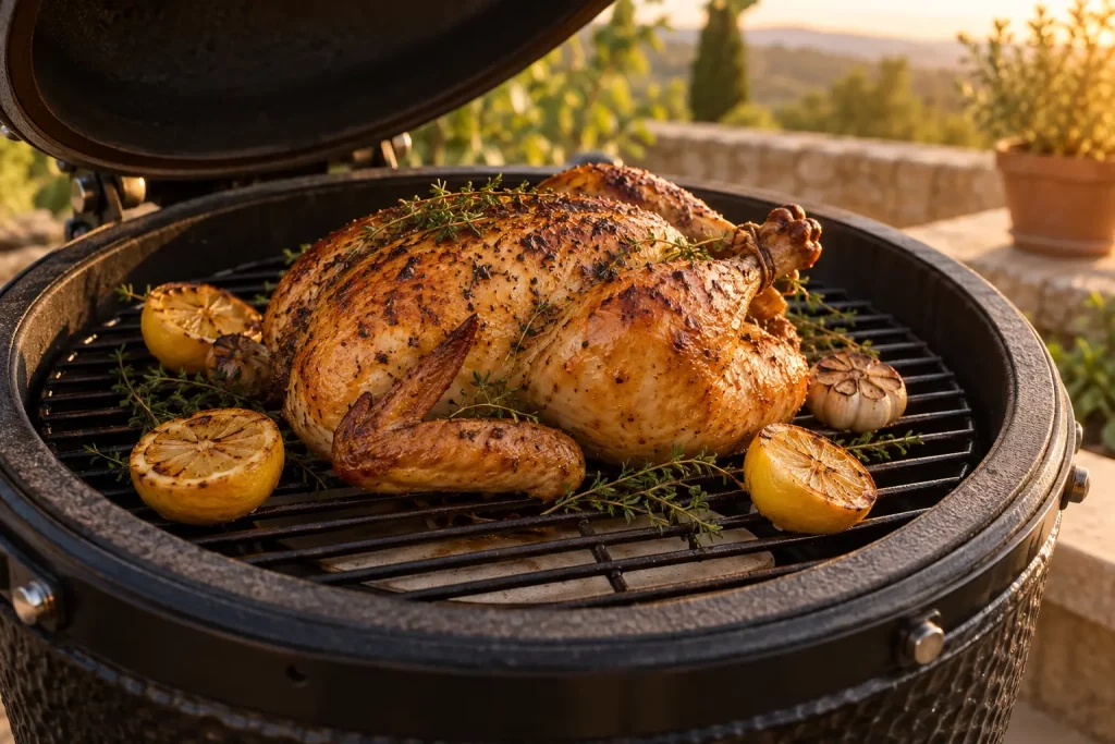 Poulet entier rôti au kamado avec du citron, de l’ail et du thym.