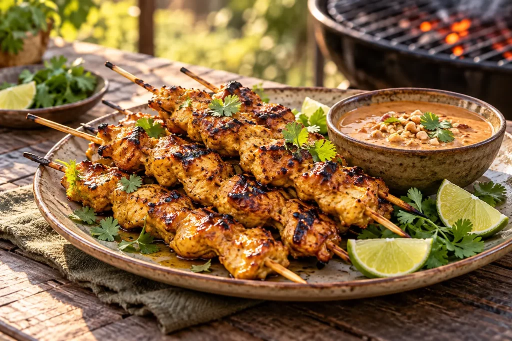 Brochettes de poulet grillées accompagnées d’une sauce saté à la cacahuète.