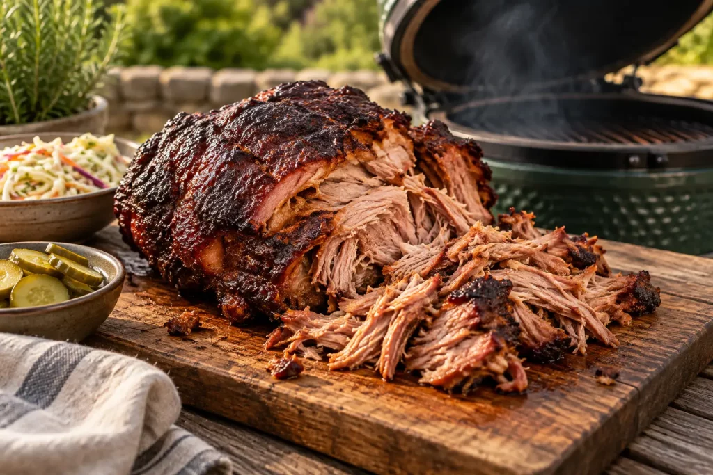 Épaule de porc fumée au kamado, avec une partie effilochée et une croûte brune.