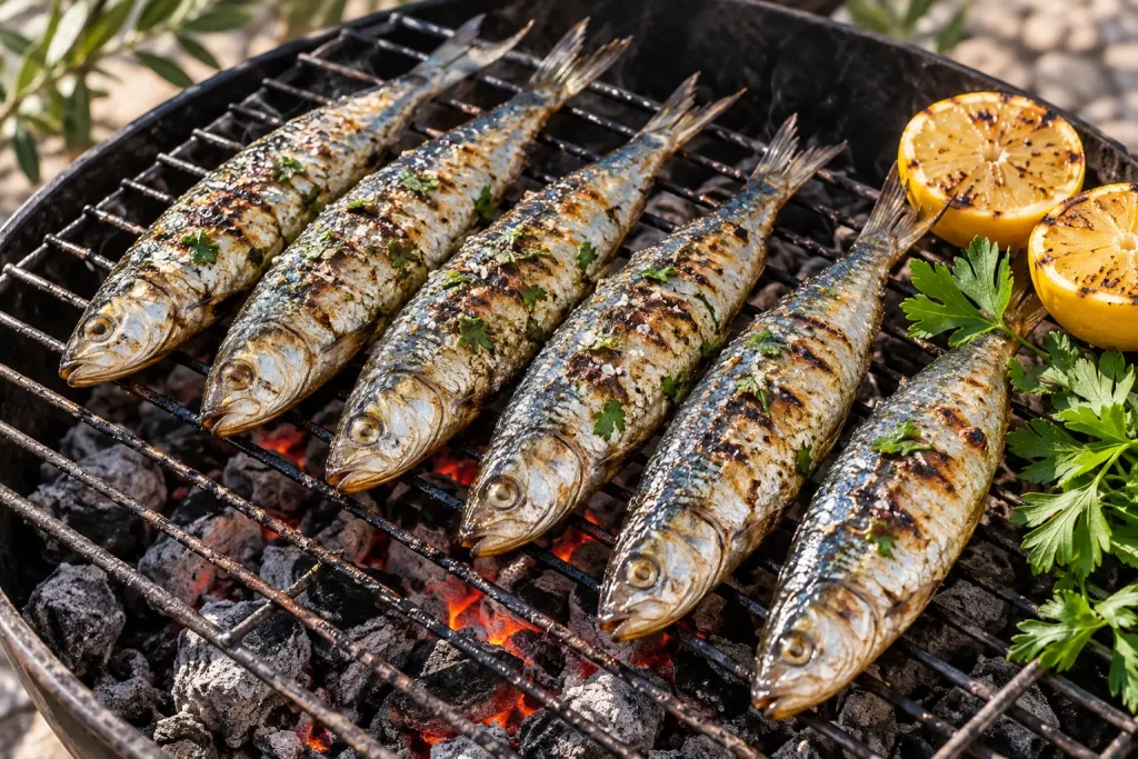 Sardines entières grillées au barbecue avec du citron et du persil.