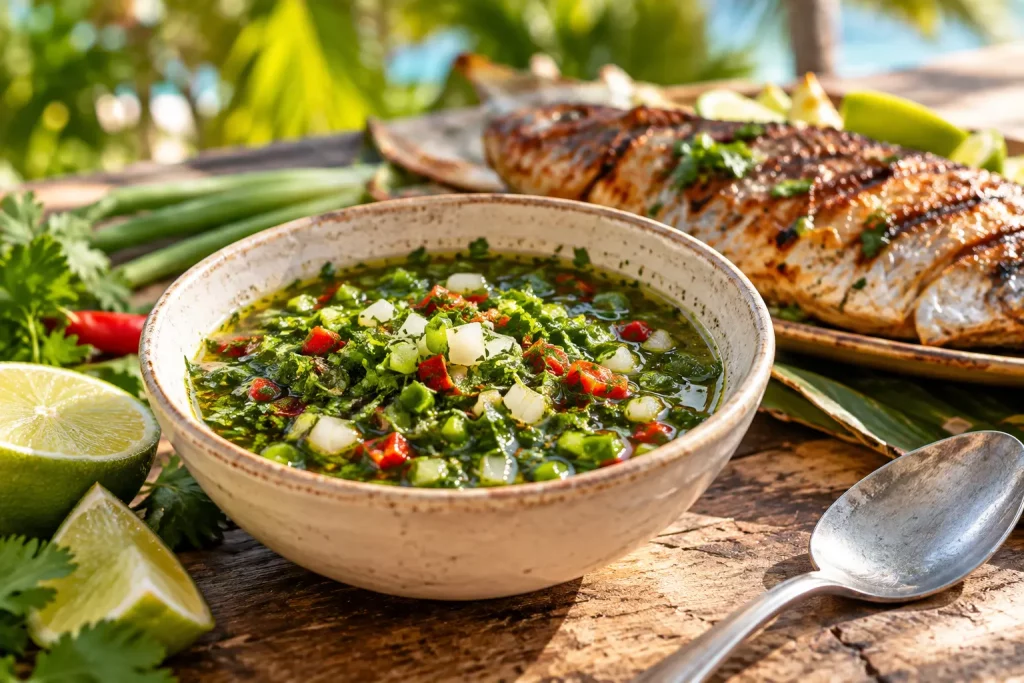 Bol de sauce chien aux herbes fraîches, au piment, à l’oignon et au citron vert.