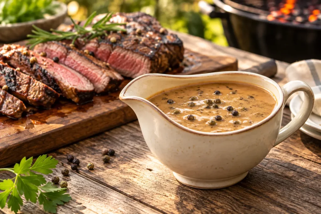Sauce crémeuse aux grains de poivre servie avec une viande de bœuf grillée.