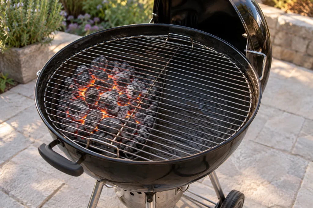 Illustration d’un barbecue à charbon avec des braises regroupées à gauche et une zone sans braises à droite.