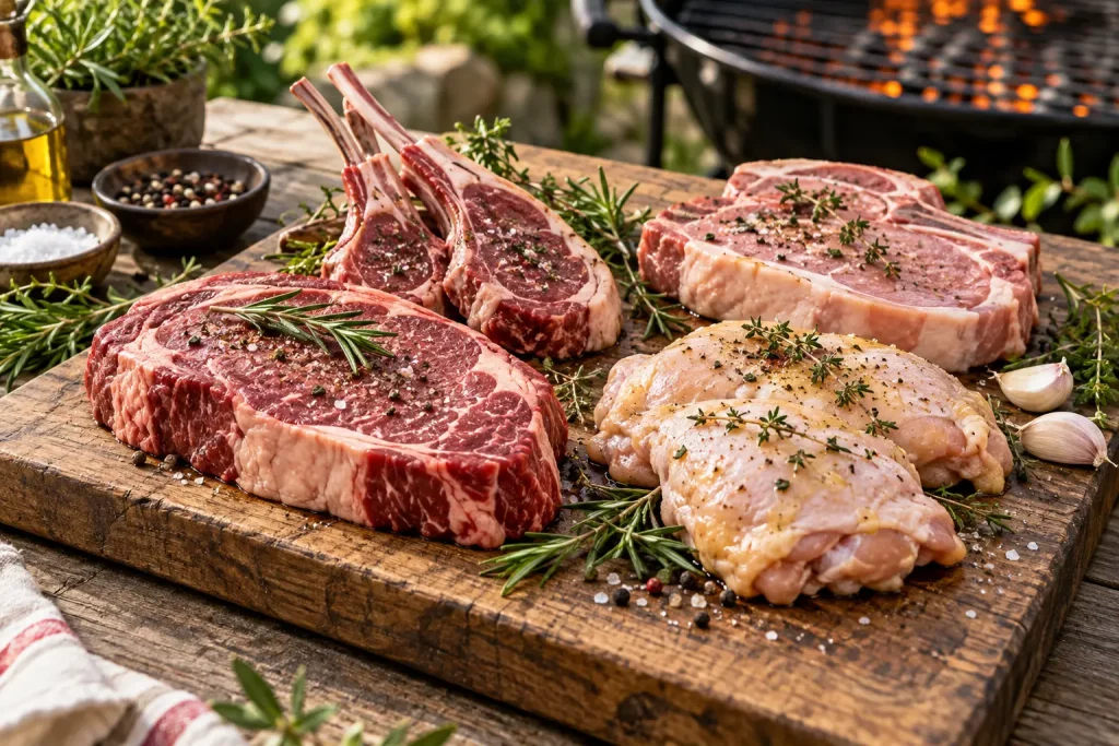 Sélection de morceaux de bœuf, de poulet, d’agneau et de porc adaptés au barbecue.